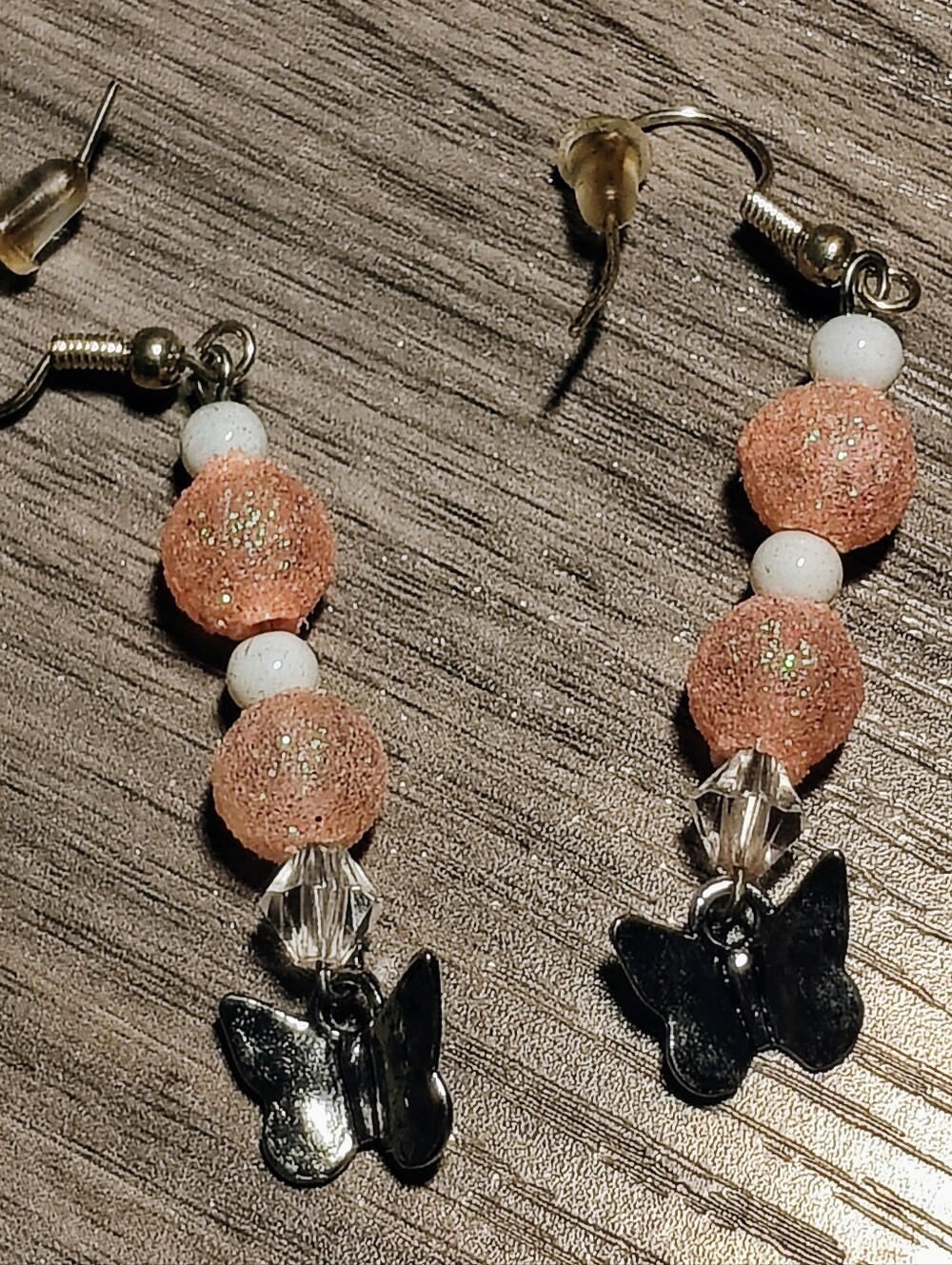 Pink Glitter Bead Butterfly Drop Earrings - Handmade